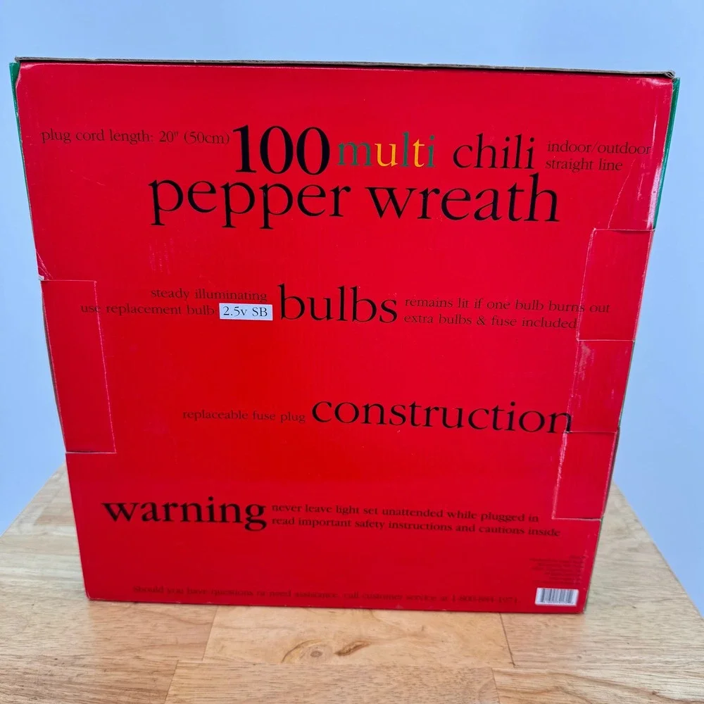NOS 100 Multi Chili Pepper Wreath Indoor Outdoor Lighted Southwestern Decor